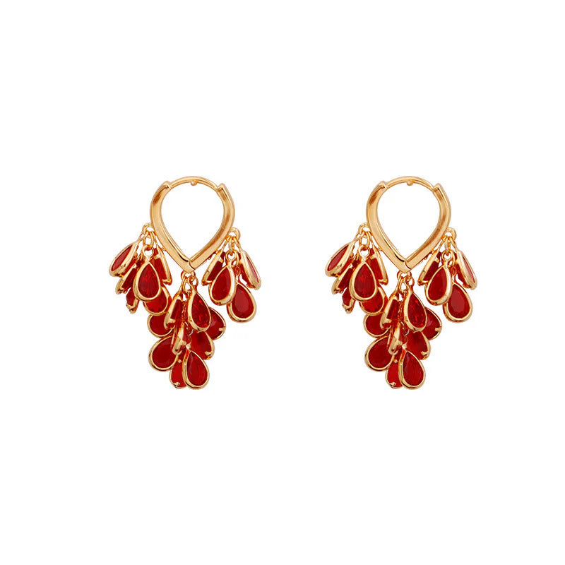 Buddha Stones Red Water Droplet Tassel Healing Copper Hoop Earrings