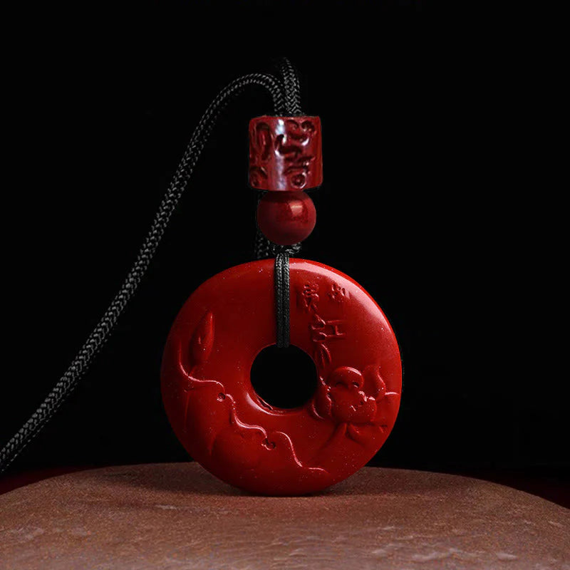 Buddha Stones Natural Cinnabar Lotus Peace Buckle Blessing Necklace String Pendant