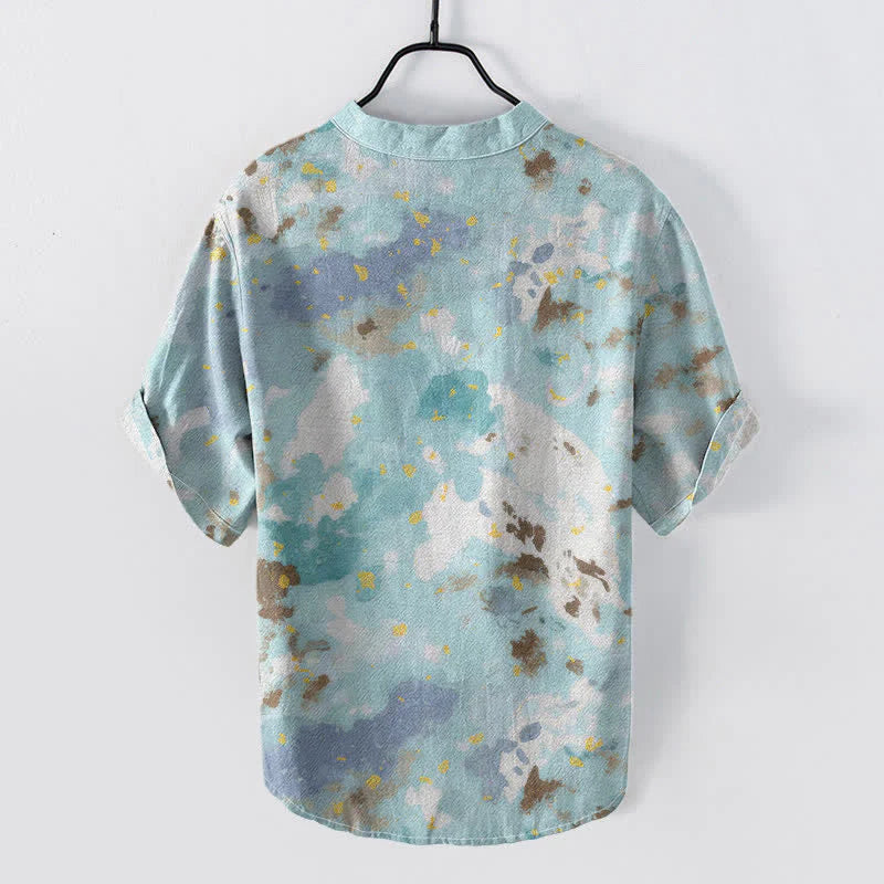 Buddha Stones Cotton Watercolor Splash Men's Short Sleeve Half Button Shirt