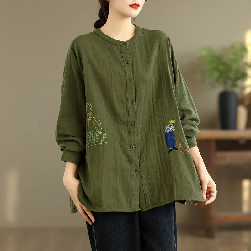 Buddha Stones Fall Embroidery Human Figure Dog Pattern Round Neck Buttons Women's Long Sleeve Shirt
