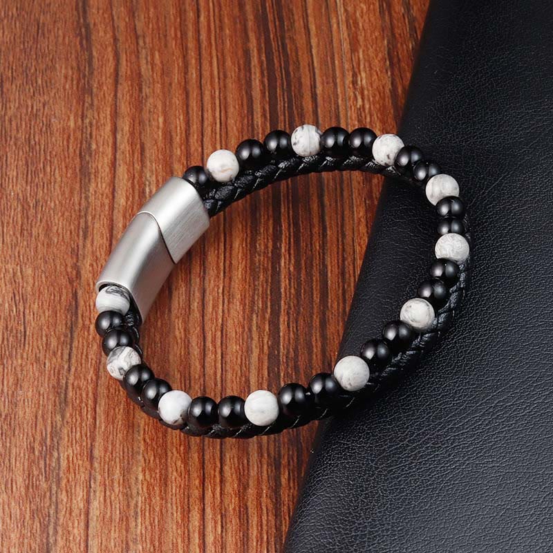 Buddha Stones Black Onyx Grey Jasper Titanium Steel Stability Leather Bracelet