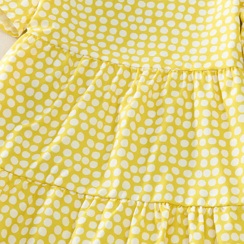 Buddha Stones Summer Elegant Polka Dot A Line Ruffle Hem Short Sleeve Knee Length Dress