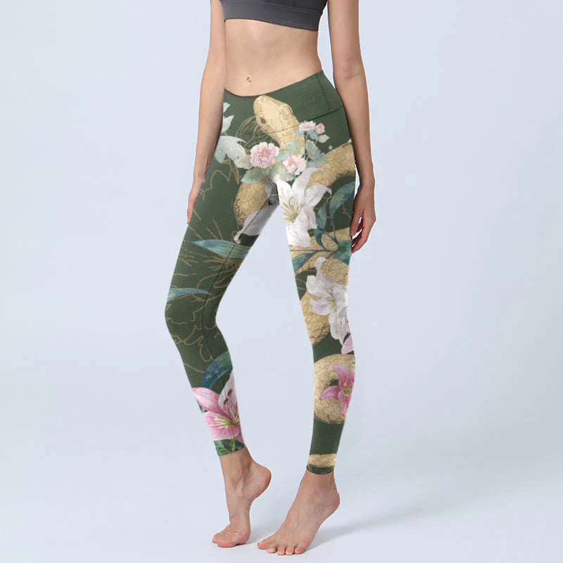 Buddha Stones Green Golden Snake Lily Peony Flowers Print Gym Leggings Women's Yoga Pants