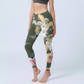 Buddha Stones Green Golden Snake Lily Peony Flowers Print Gym Leggings Women's Yoga Pants