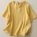 Buddha Stones Casual Plain Ruffled Hem Crew Neck Tie Women's Polyester T-shirt