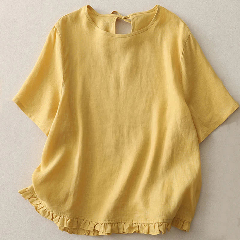 Buddha Stones Casual Plain Ruffled Hem Crew Neck Tie Women's Polyester T-shirt