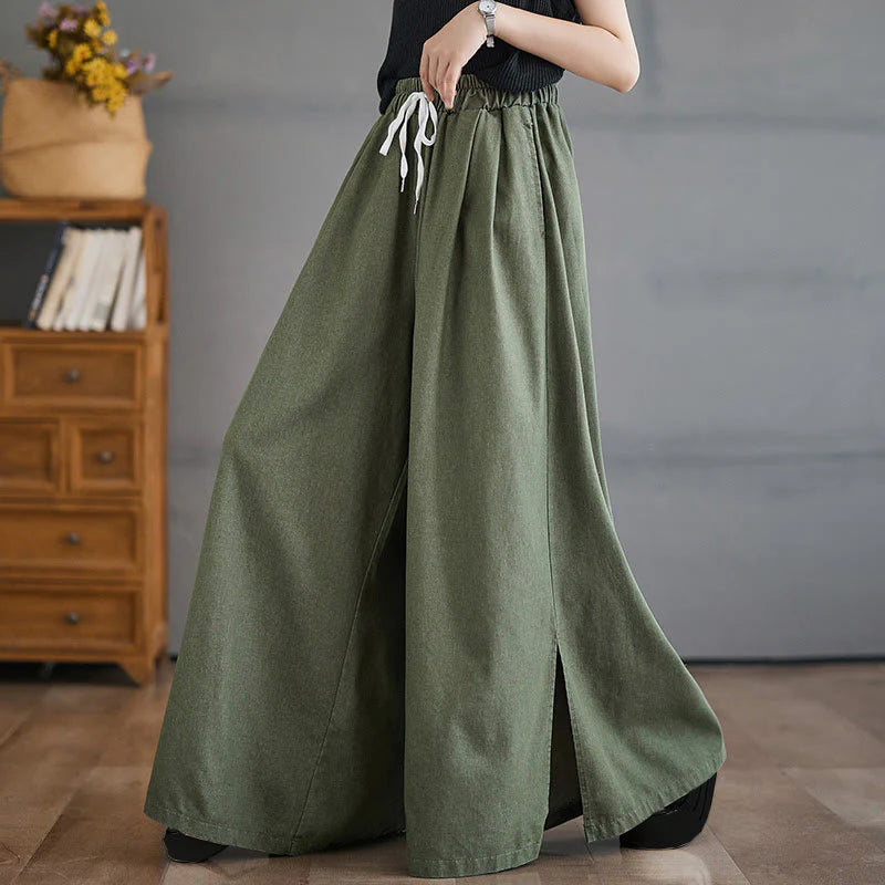 Buddha Stones Retro Leg Opening Slit Design Women's Wide Leg Pants With Pockets