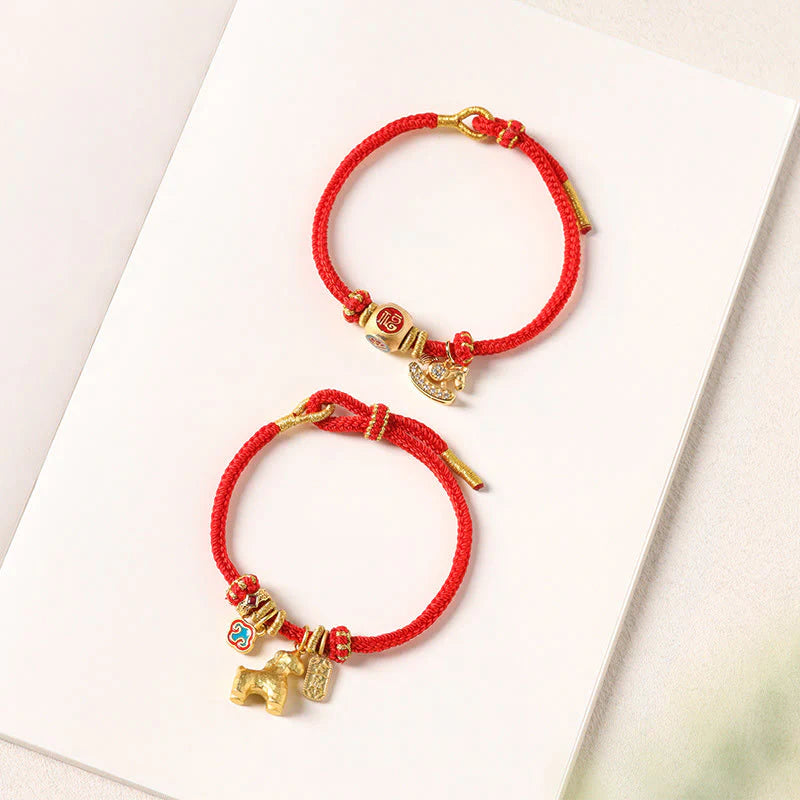 Buddha Stones Year Of The Horse Copper Red String Fu Character Lotus Luck Bracelet