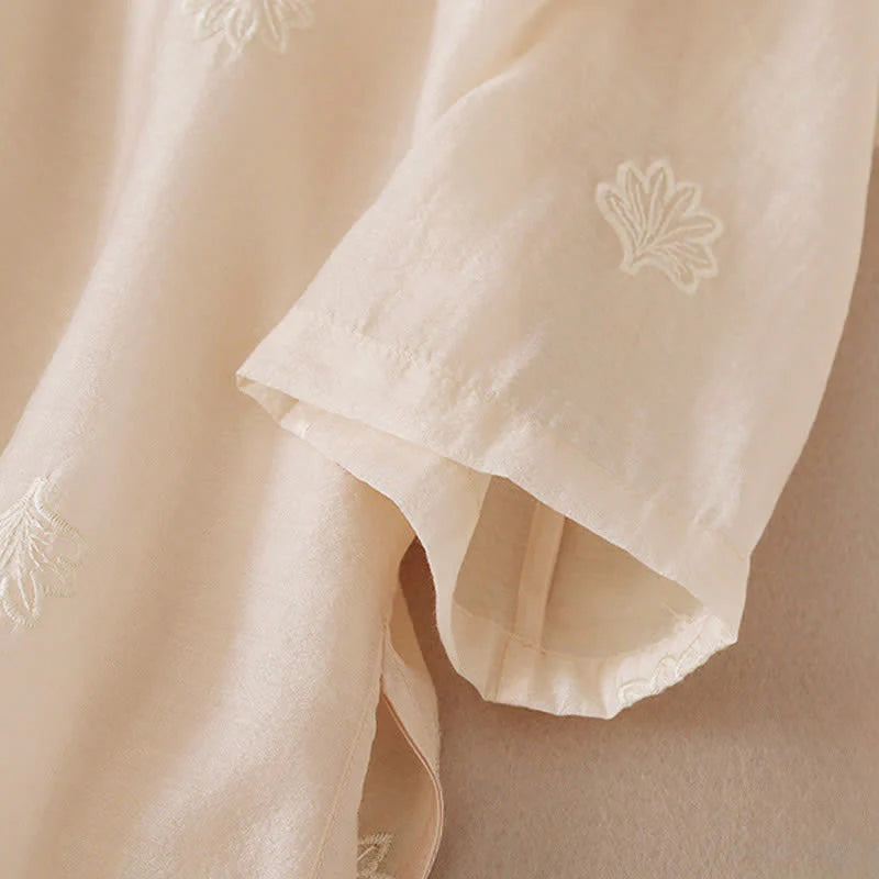 Buddha Stones Embroidery Flower Frog-Button Stand Collar Side Slit Short Sleeve Maxi Dress