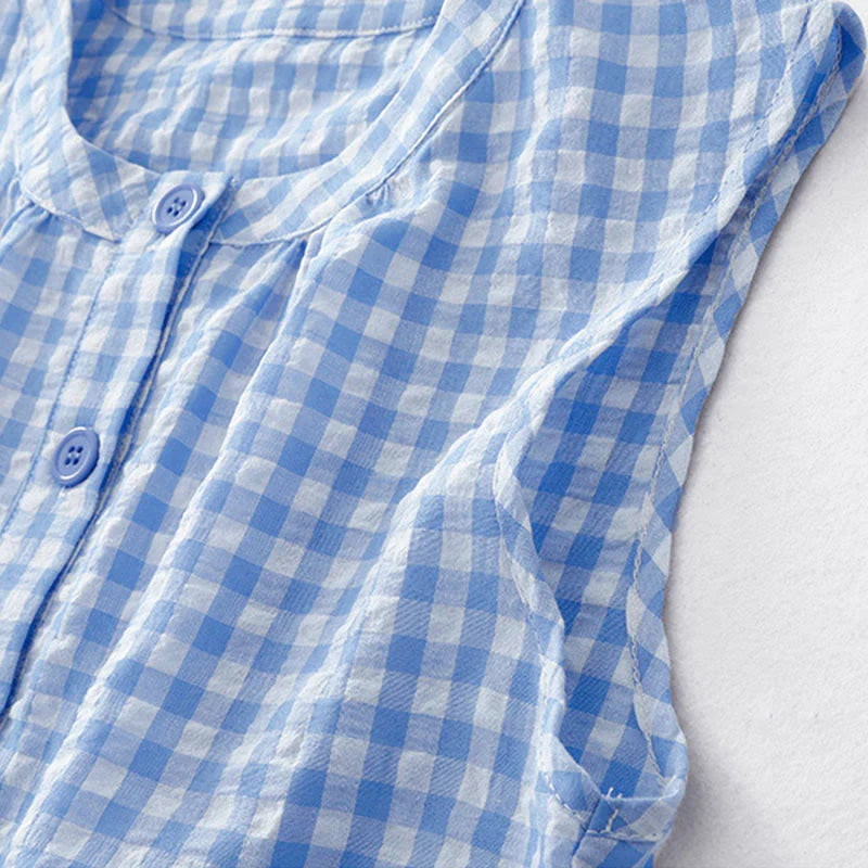 Buddha Stones Crew Neck Sleeveless Plaid Summer Cotton Knee Length Dress