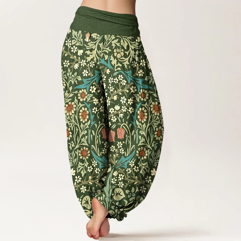 Buddha Stones Pure Cotton Retro Flowers Leaves Pattern Women's Elastic Waist Harem Pants