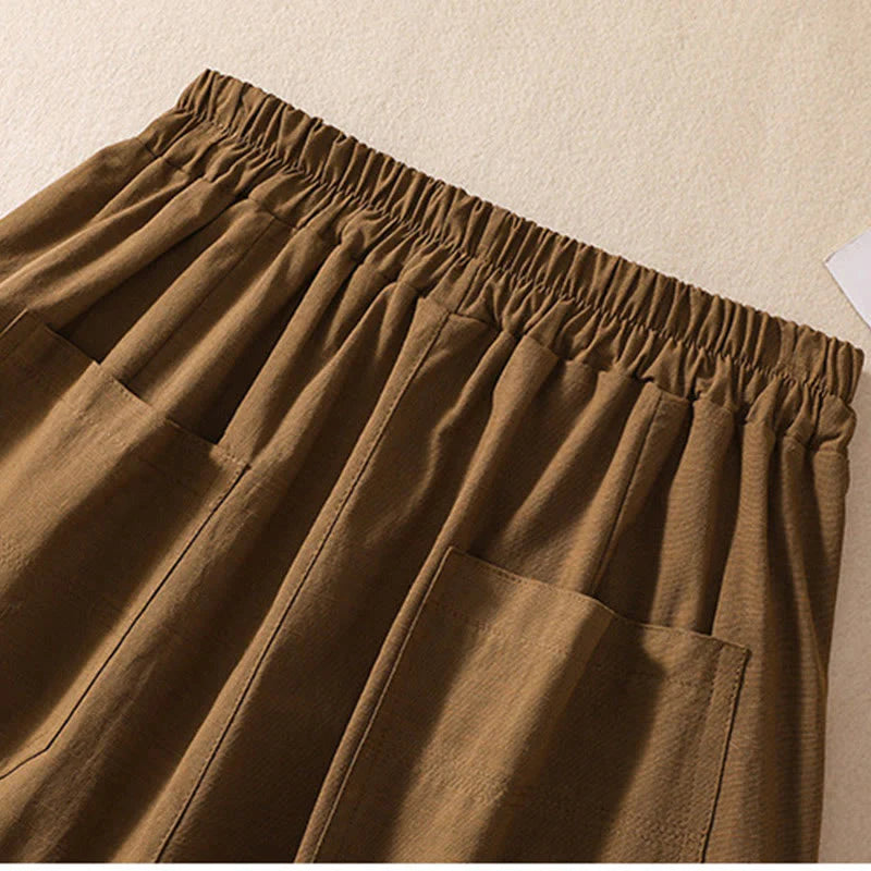 Buddha Stones Summer Casual Elastic Waist Plain Women's Polyester Shorts With Pockets