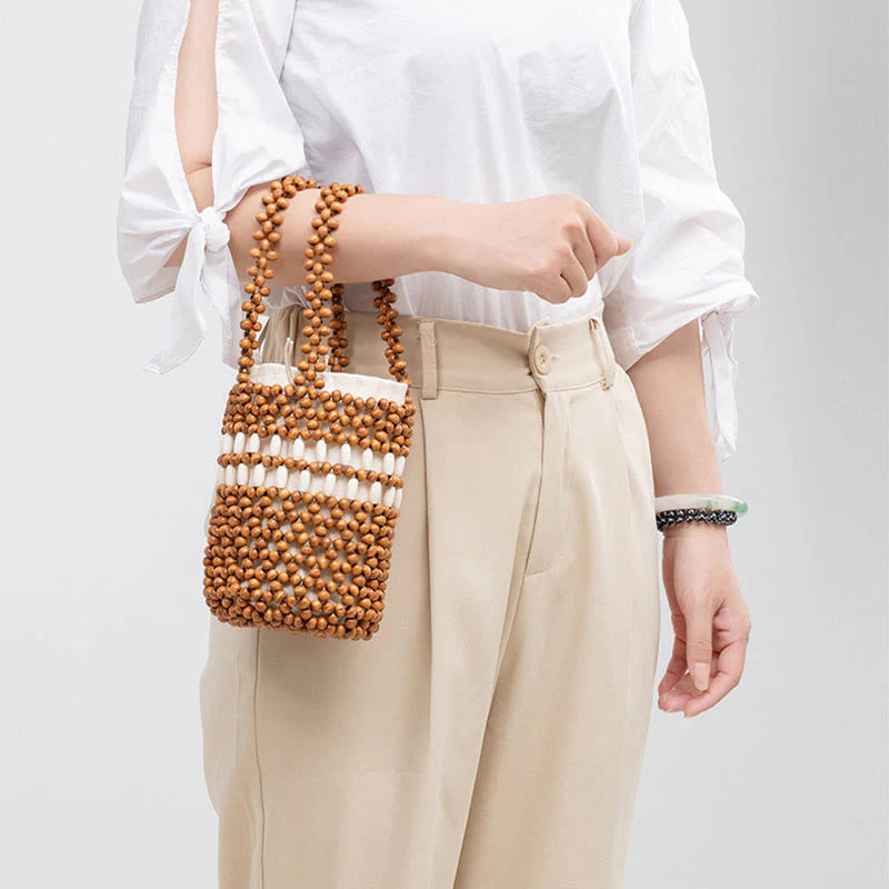 Buddha Stones Hand-woven Bucket Portable Wooden Beads Handbag