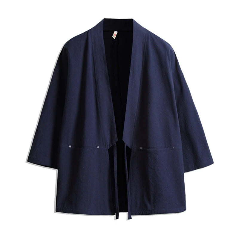 Buddha Stones Solid Color Lace-up Three Quarter Sleeve Open Front Jacket Men's Kimono