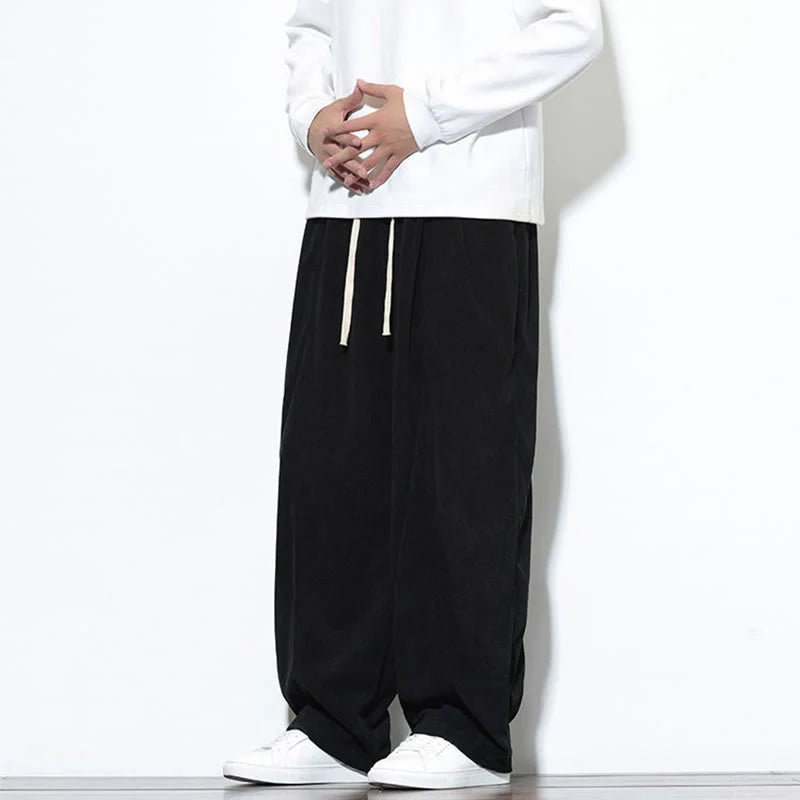 Buddha Stones Plain Drawstring Pure Cotton Corduroy Men's Harem Pants With Pockets