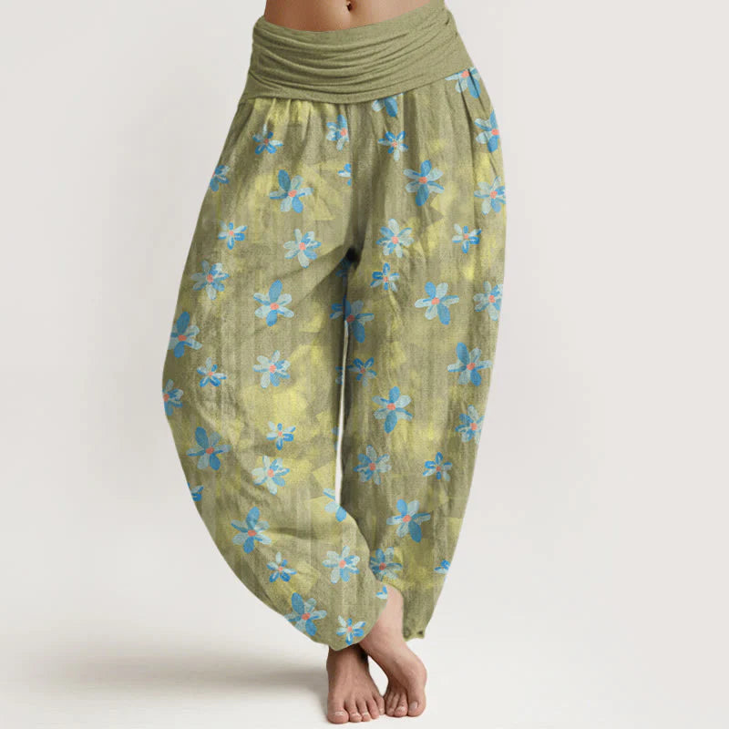 Buddha Stones Cotton Simple Style Flower Pattern Women's Elastic Waist Harem Pants
