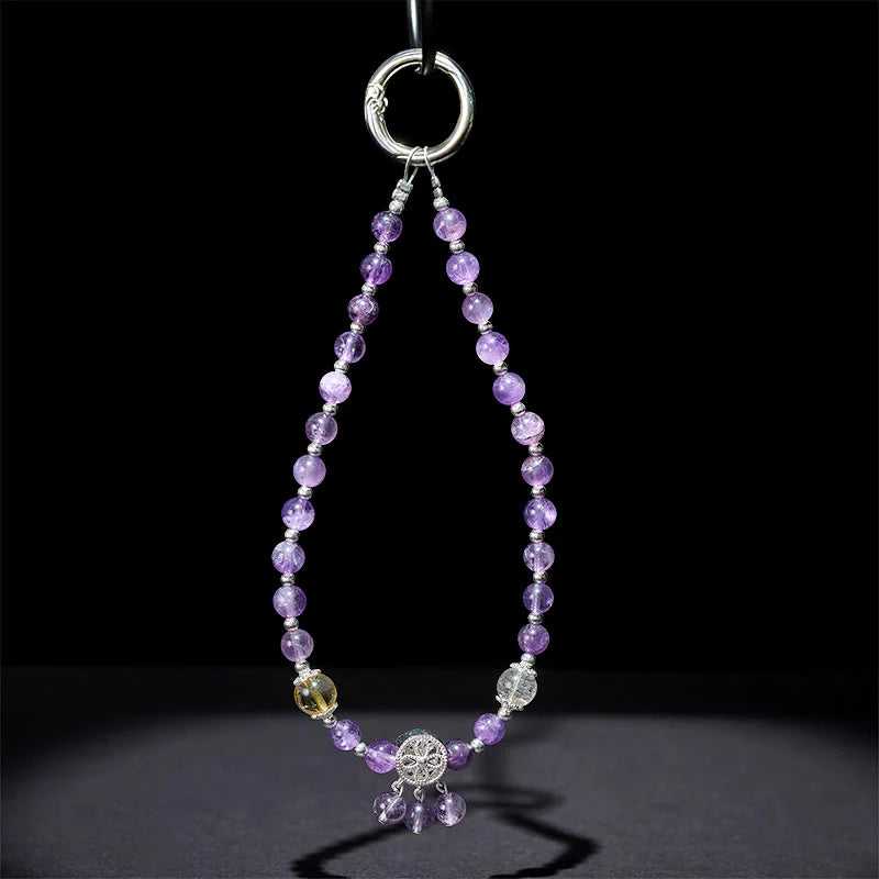 Buddha Stones Amethyst Flower Charm Spiritual Awareness Beaded Key Chain Phone Hanging Decoration