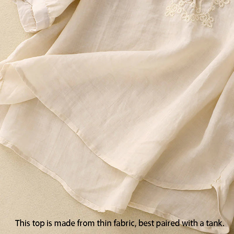 Buddha Stones Line Embroidery Button Crew Neck Half Sleeve Women's Cotton Shirt
