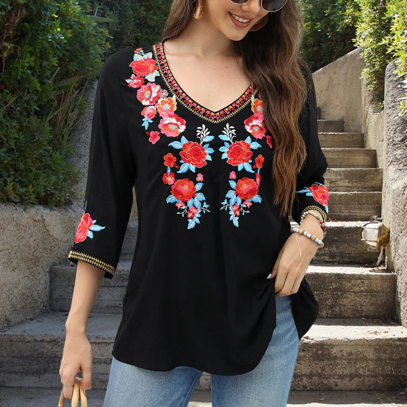 Buddha Stones Black Casual Embroidery Rose Pattern Three Quarter Sleeve Crew Neck Cotton Women's T-Shirt
