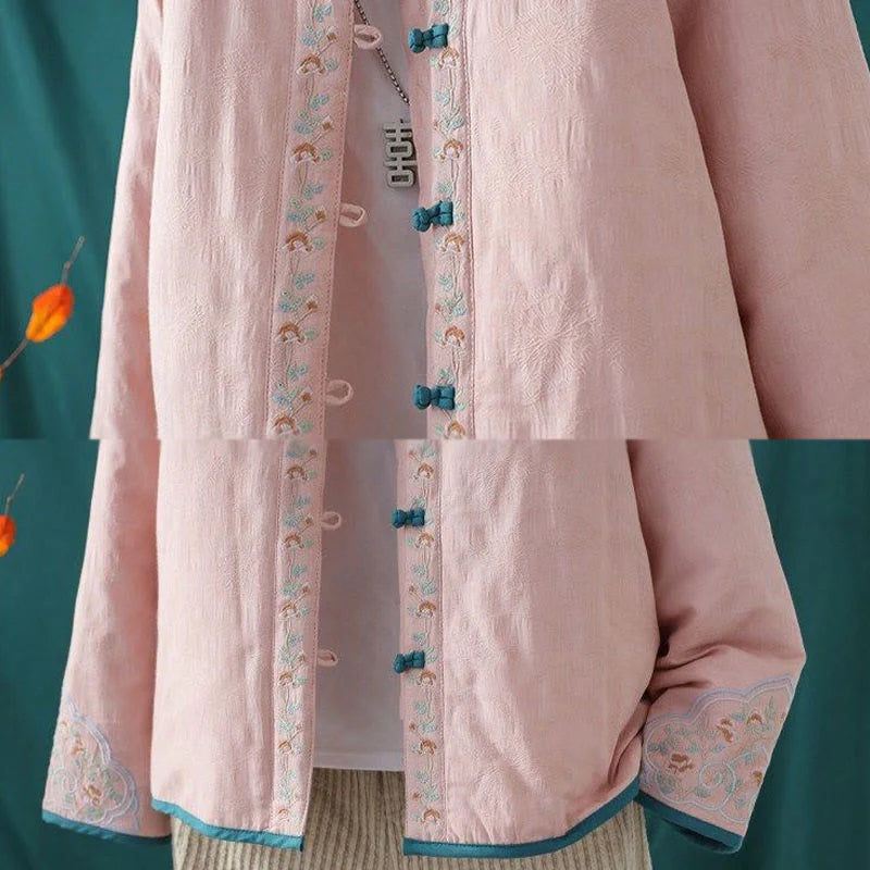 Buddha Stones Winter Frog-Button Embroidery Flowers Vines Open Front Cotton Long Sleeve Women's Thermal Jacket