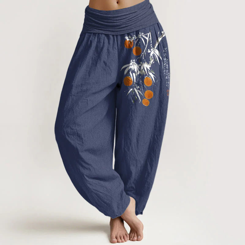 Buddha Stones Pure Cotton Brightly Colored Fruit Branches Pattern Women's Elastic Waist Harem Pants