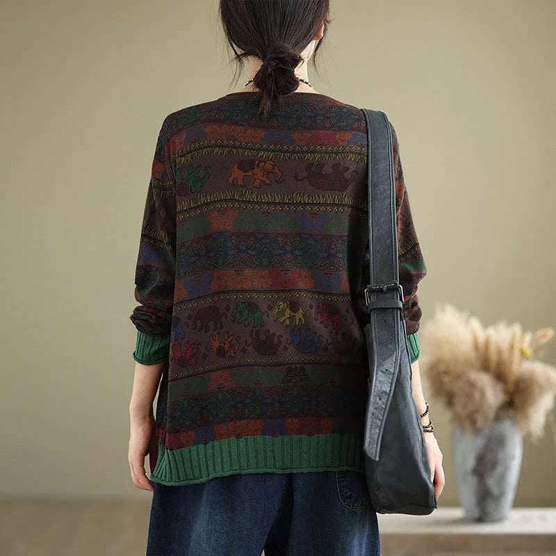 Buddha Stones Fall Elephant Pattern Knitted Cotton Women's Long Sleeve Sweater With Pockets