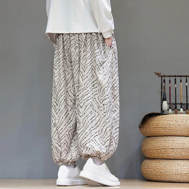Buddha Stones Fall Texture Drawstring Design Corduroy Cotton Linen Men's Harem Pants With Pockets