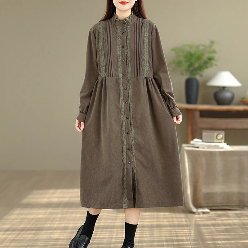 Buddha Stones Winter Pleated Buttons Down Long Sleeve Corduroy Women's Midi Dress With Pockets