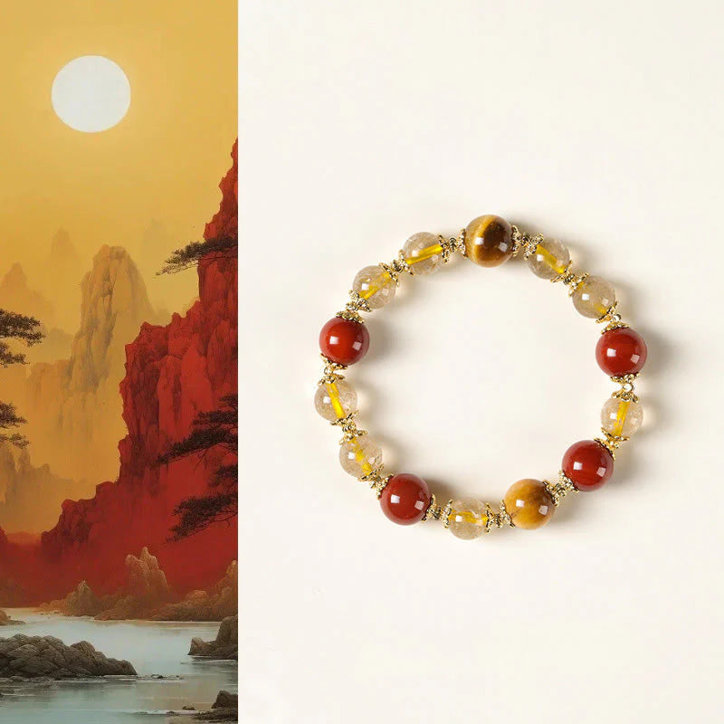 Buddha Stones Natural Golden Rutilated Quartz Tiger Eye Beads Wealth Bracelet