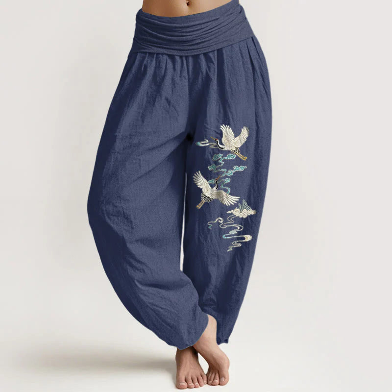 Buddha Stones Pure Cotton Elegant Crane Cloud Mountain Pattern Women's Elastic Waist Harem Pants