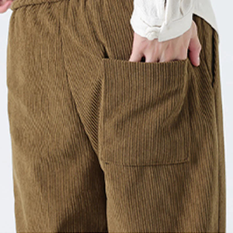 Buddha Stones Fall Solid Frog-Button Men's Drawstring Corduroy Straight Leg Pants With Pockets