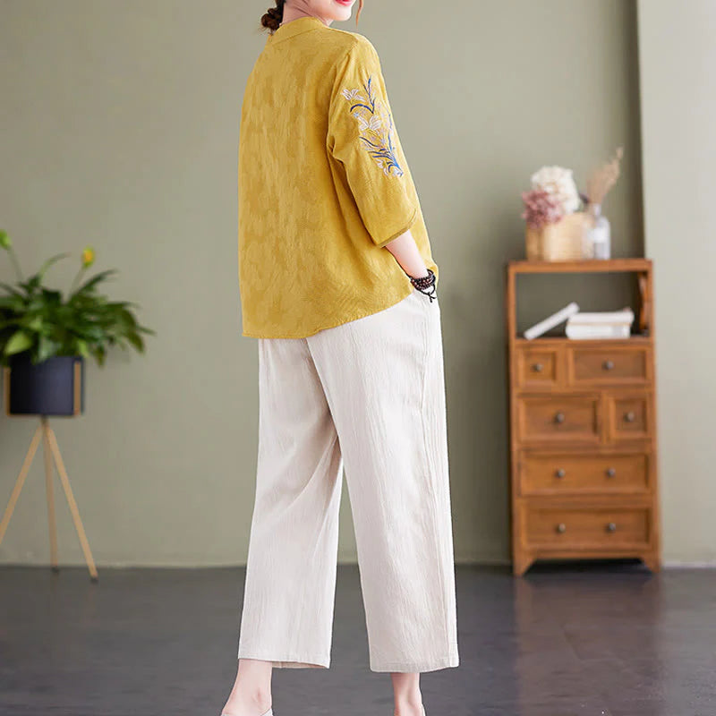 Buddha Stones Summer Embroidery Flower Three Quarter Sleeve Design Women's Cotton Linen  Notched Collar Shirt