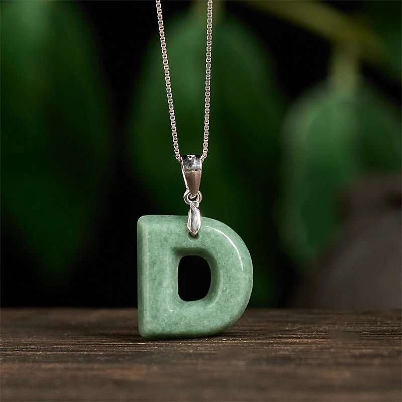 Buddha Stones Natural A-Z Letter Jade 925 Sterling Silver Silm Chain Prosperity Necklace Pendant