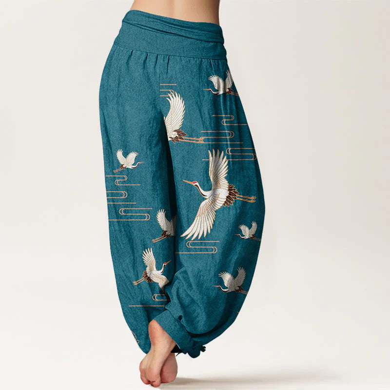 Buddha Stones Print Cranes Wave Pattern Women's Elastic Waist Harem Pure Cotton Pants
