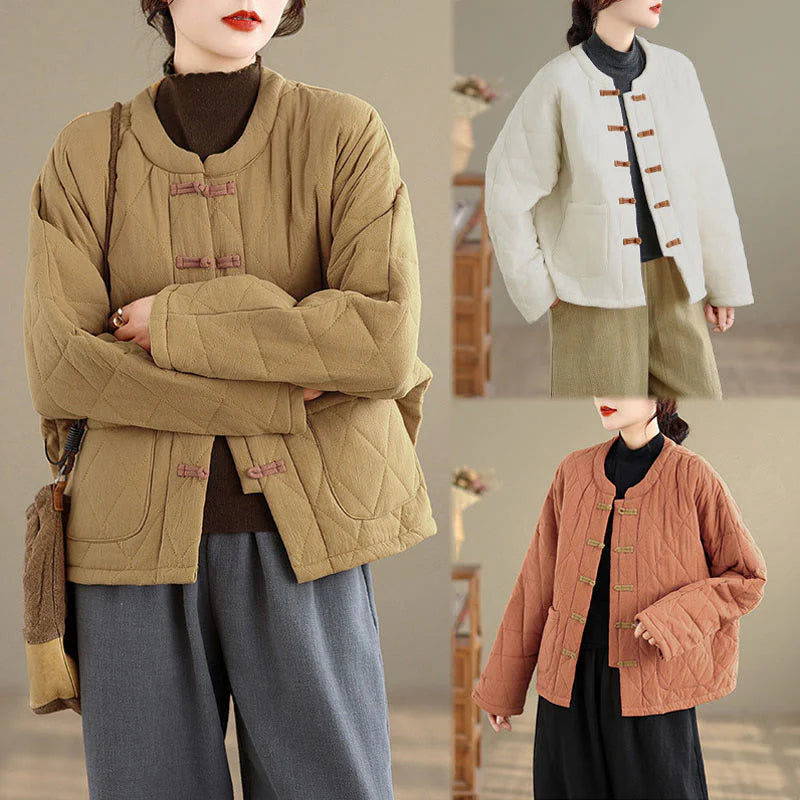 Buddha Stones Winter Frog-Button Diamond-shaped Lines Cotton Long Sleeve Women's Thermal Jacket With Pockets