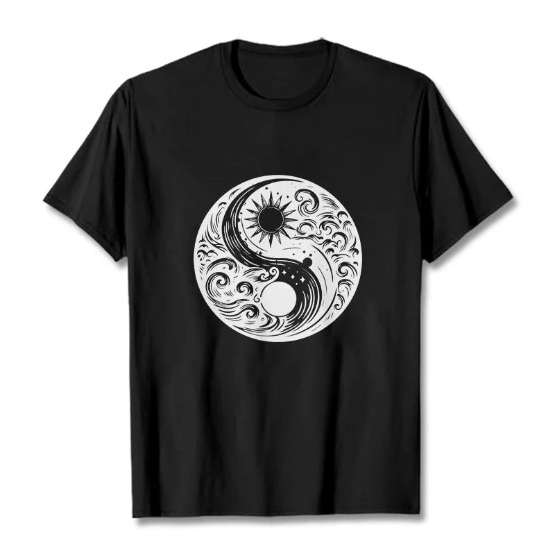 Buddha Stones Sun Moon Waves Yin Yang Pattern Cotton Tee T-shirt