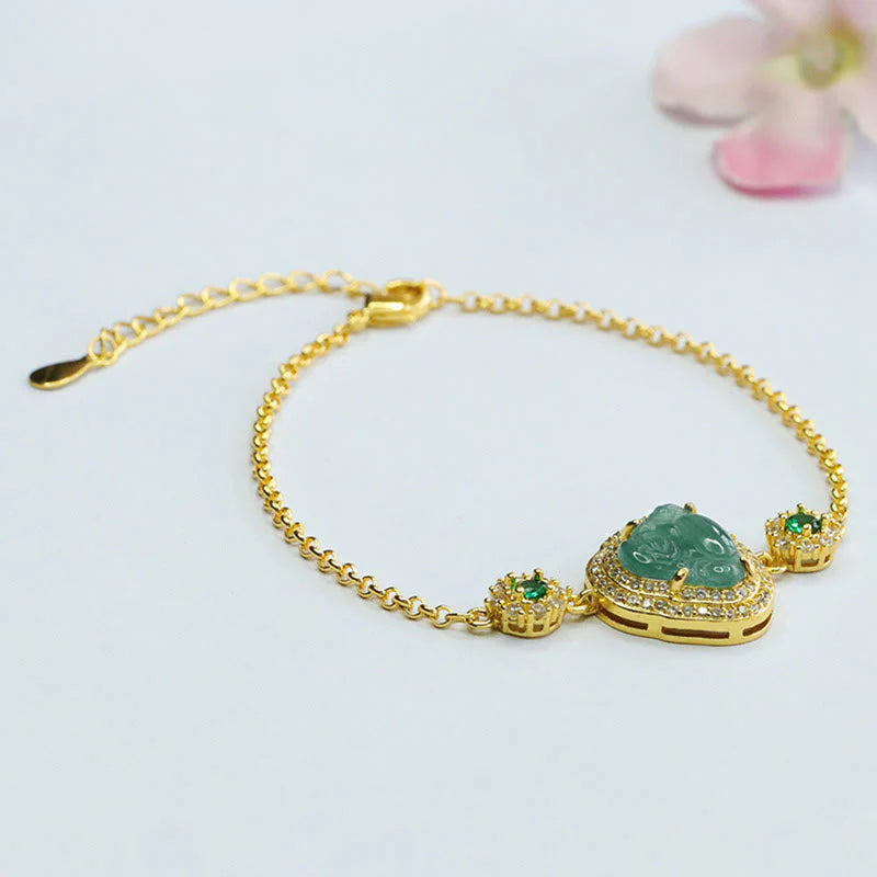 Buddha Stones Laughing Buddha Green Jade Zircon Luck Chain Bracelet