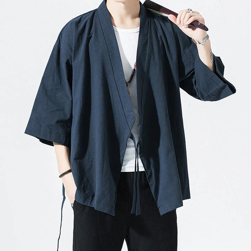 Buddha Stones Tang Suit Open Front Jacket Cotton Linen Men's Three Quarter Sleeve Kimono