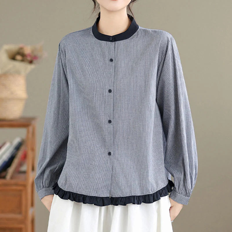 Buddha Stones Fall Plaid Striped Pattern Ruffled Hem Buttons Women's Cotton Long Sleeve Shirt