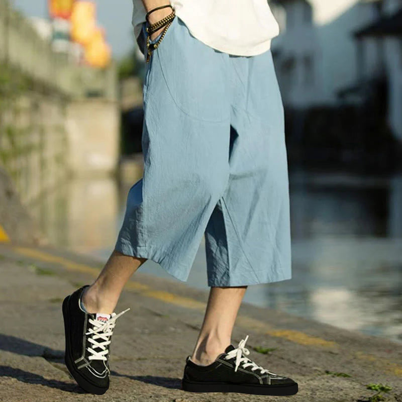 Buddha Stones Summer Plain Pleat Design Drawstring Men's 7-8 Length Cotton Linen Pants With Pockets