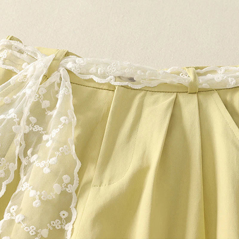 Buddha Stones Daily Solid Color Lace Belt Women's Wide Leg Cotton Pants With Pockets
