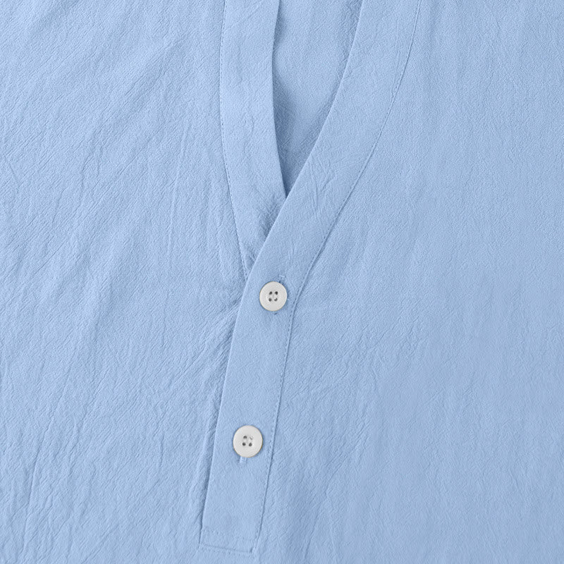 Buddha Stones Solid Summer Short Sleeve Half Buttons Linen Men's Shirt