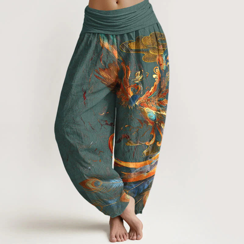 Buddha Stones Pure Cotton Gorgeous Flying Phoenix Cloud Pattern Women's Elastic Waist Harem Pants