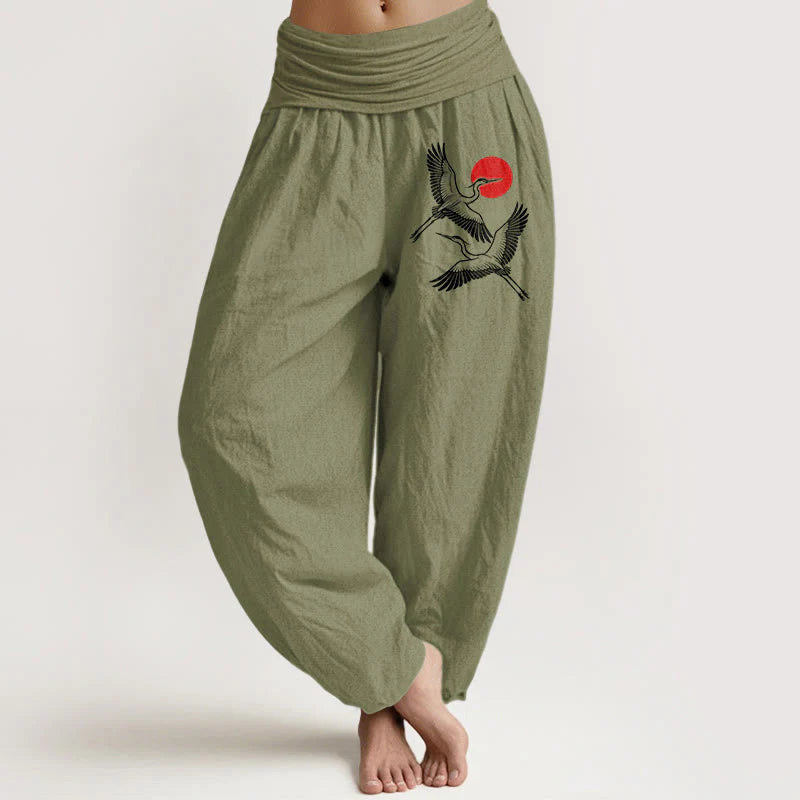 Buddha Stones Red Sun Cranes Pattern Women's Elastic Waist Harem Pure Cotton Pants