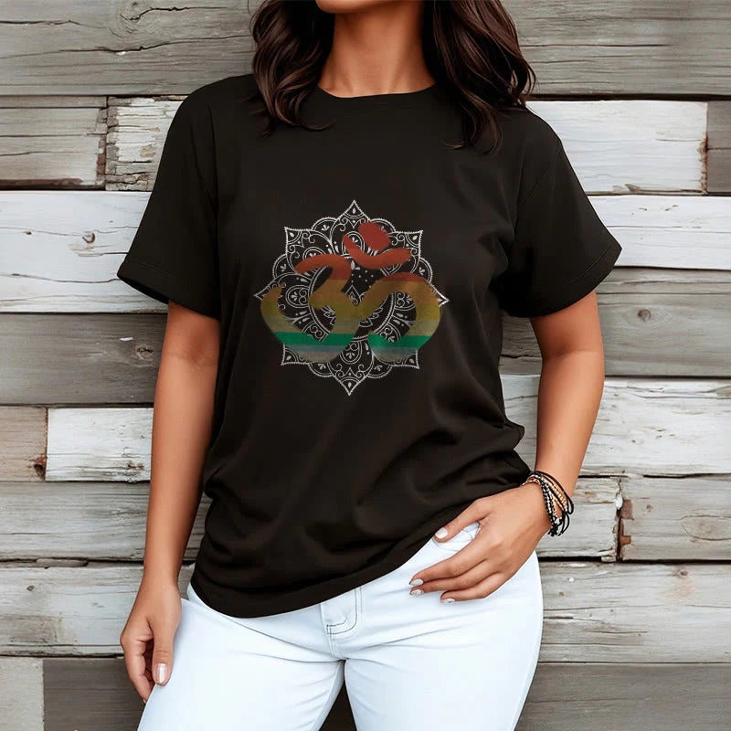 Buddha Stones Gradient-colored Om Sanskrit Mandala Background Pattern Cotton Tee T-shirt