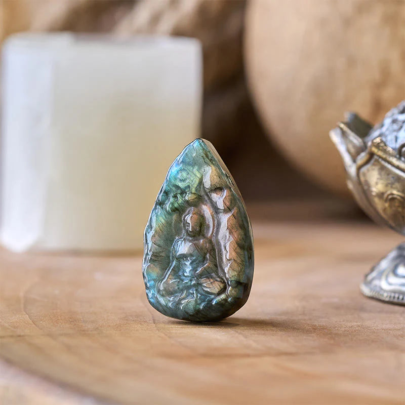 Buddha Stones Engraving Buddha Natural Labradorite Teardrop Shape Figurine Cure Statue Home Decoration