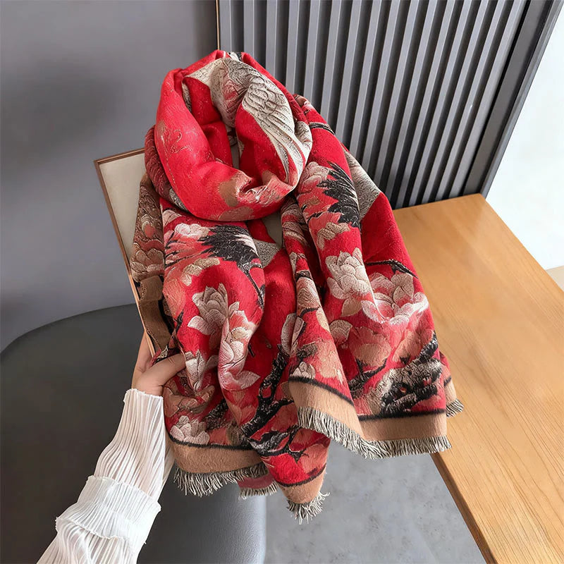 Buddha Stones Fall Crane Lotus Plum Blossom Pattern Tassels Cozy Soft Scarf Shawl