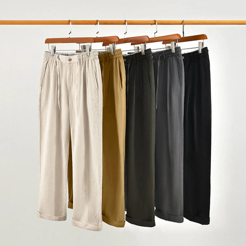 Buddha Stones Fall Solid Drawstring Zipper Men's Linen Wide Leg Pants With Pockets