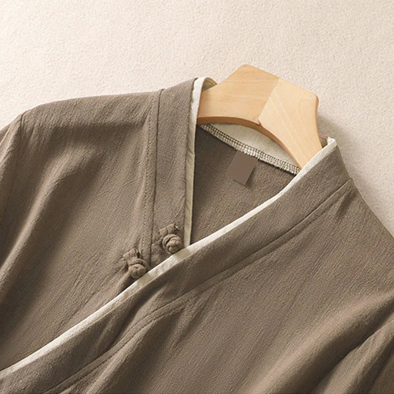 Buddha Stones Retro Lace-up Frog-Button Design Women's Three Quarter Sleeve Cotton Linen Shirt