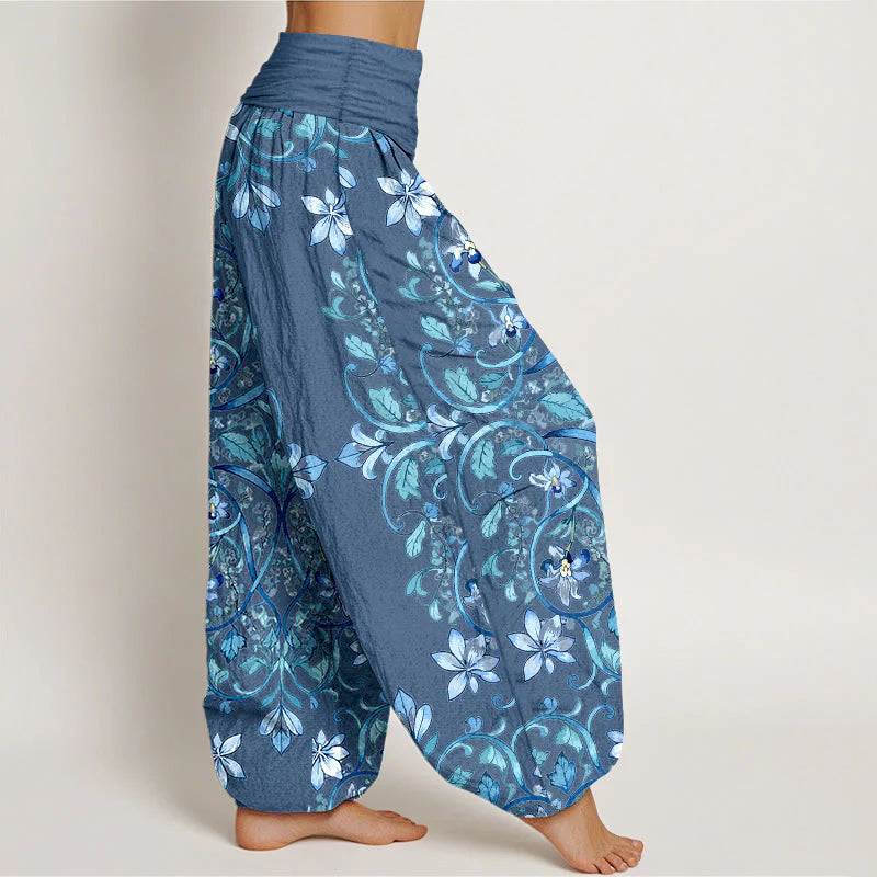 Buddha Stones Cotton Symmetrical Flower Vines Leaves Pattern Women's Elastic Waist Harem Pants